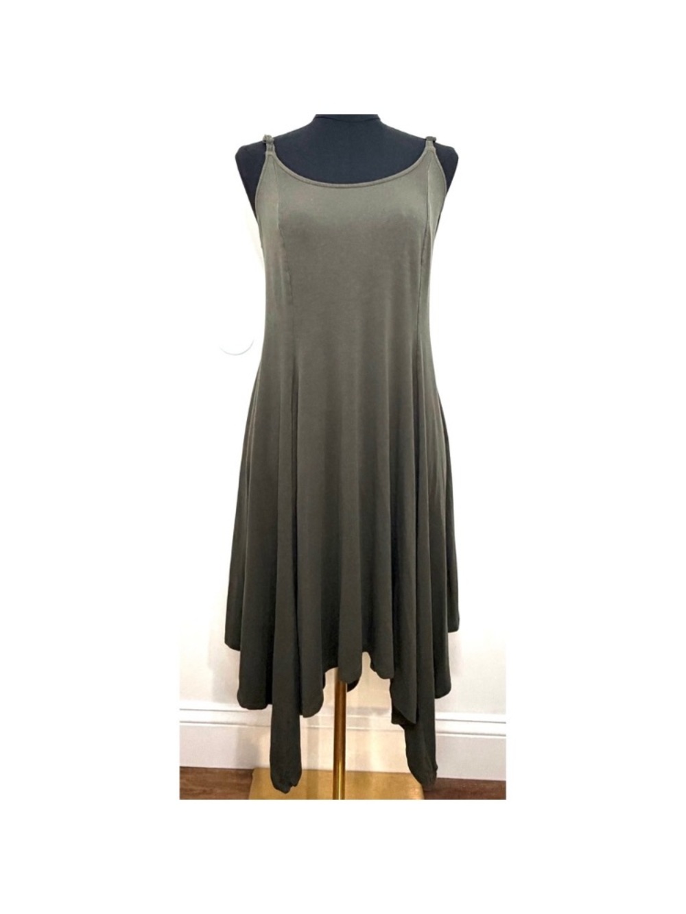 Flowing Olive Green Midi Handkerchief Hem Dress